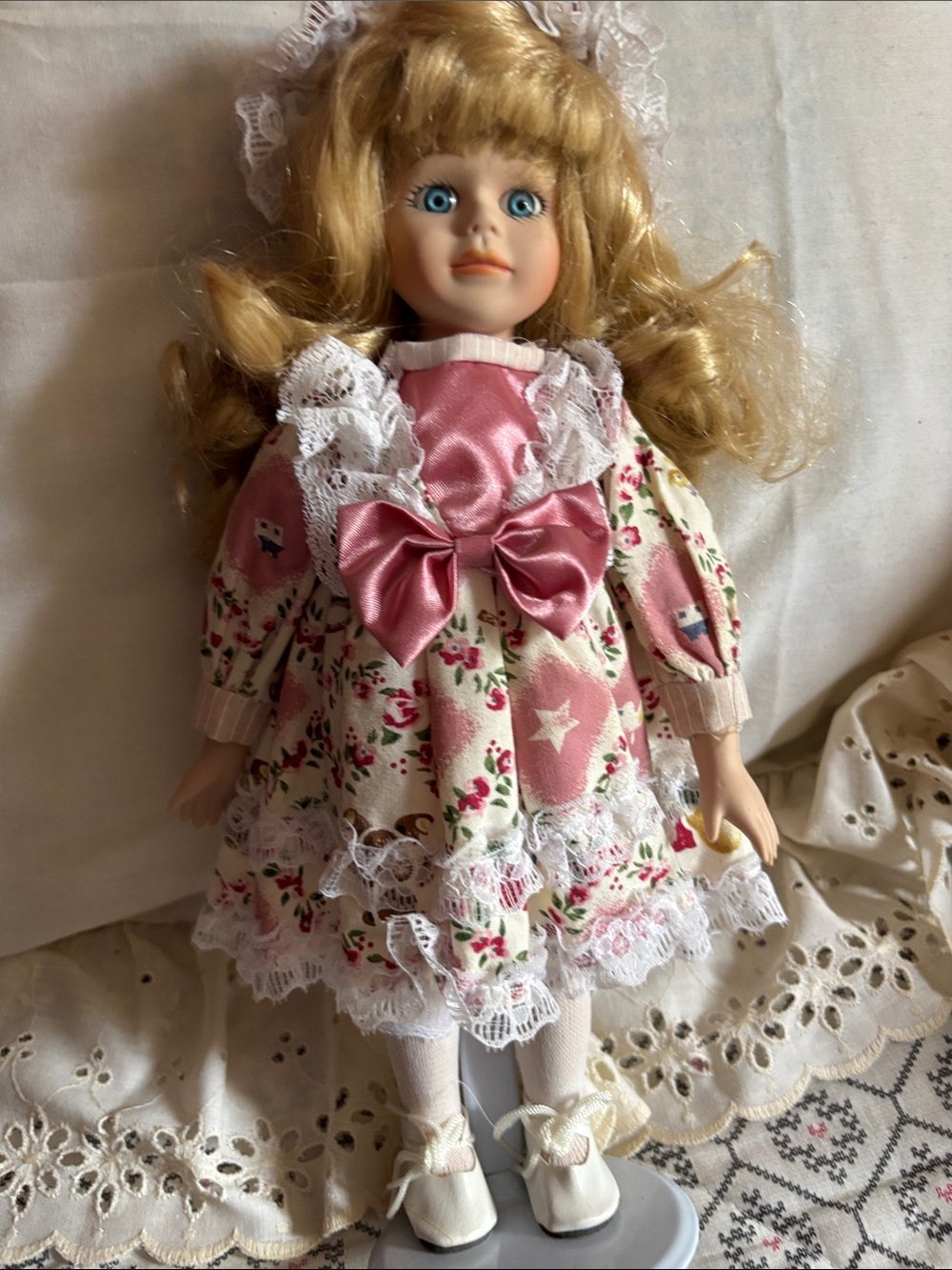 Vintage Collector-style Kids' porcelain Doll in Pink Floral Dress with Satin Bow